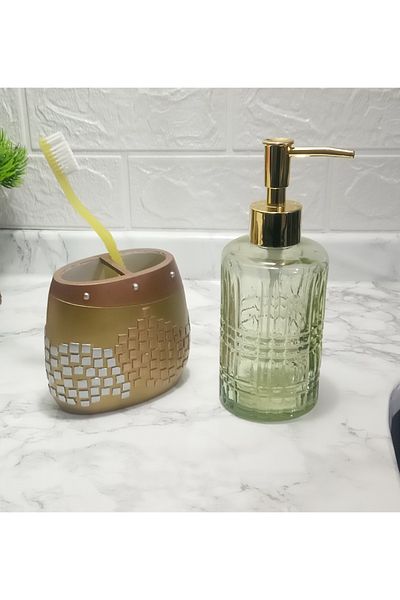 Bosphorus Set of 2 - Liquid Soap Dispenser and Toothbrush Holder, Mosaic Pattern