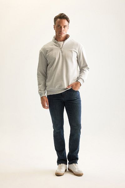 DeFacto Graues Fleece-Baumwoll-Sweatshirt für Herren – 3 Fäden, Stehkragen, Reißverschluss, dick
