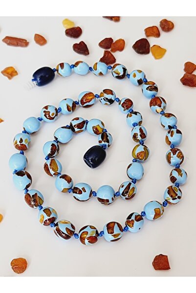 Kehribar Sarayı Mosaic Blue Amber Baby Teeth Necklace 33 cm