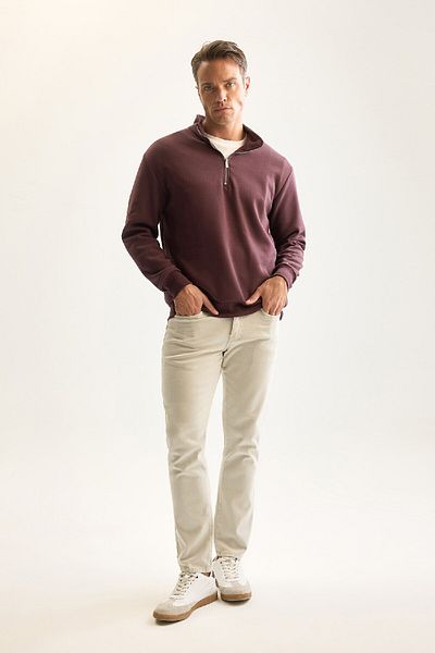 DeFacto Herren-Sweatshirt in Burgunderrot, 3-fädig, Baumwolle, gerippt, mit Fleece innen, reguläre Passform, Stehkragen, Reißverschluss, dick