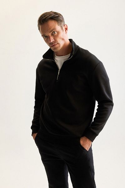 DeFacto Herren-Sweatshirt aus schwarzer Fleece-Baumwolle – normale Passform, Stehkragen, Reißverschluss, dick