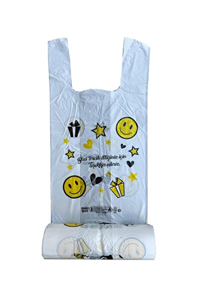 Arma Gülen Yüz Baskılı Rulo Şeffaf Market Poşet Torba - Hışır Atlet Poşet -Küçük Boy - 200 Adet