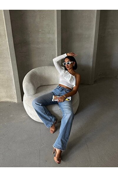 ubmbutik Γυναικεία Μπλούζα - Μακρυμάνικη Μπλούζα με Λεπτομέρεια Αλυσίδας Μονό Ώμου με Γιπέλ στο μπροστινό μέρος