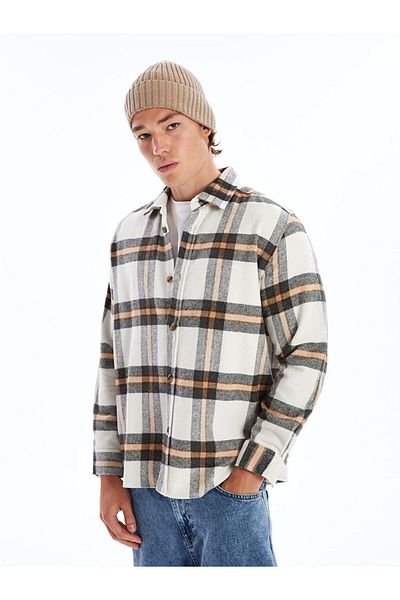LC Waikiki Koszula męska Lcw Casual Beige Regular Fit z długim rękawem w kratę