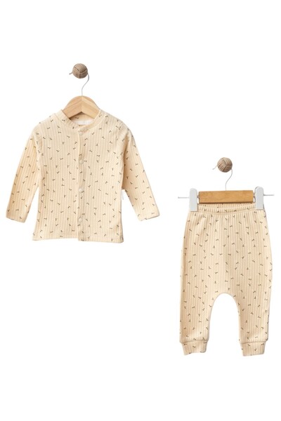 Dumledo Cream Patterned White 2-Piece Baby Pajama Set (Top & Bottom)