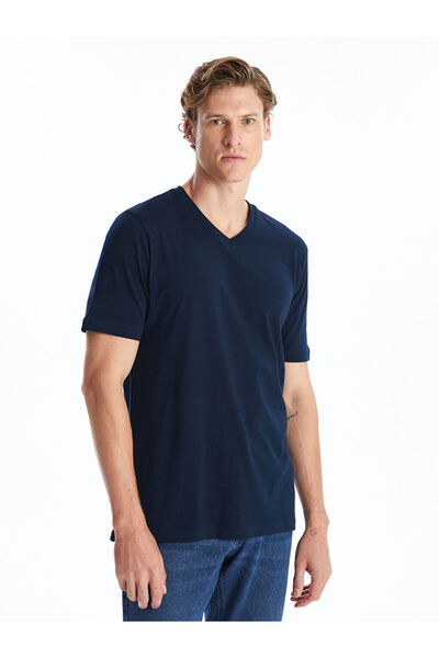 LC Waikiki Navy Blue V-Neck Short Sleeve Combed Cotton Men's T-Shirt