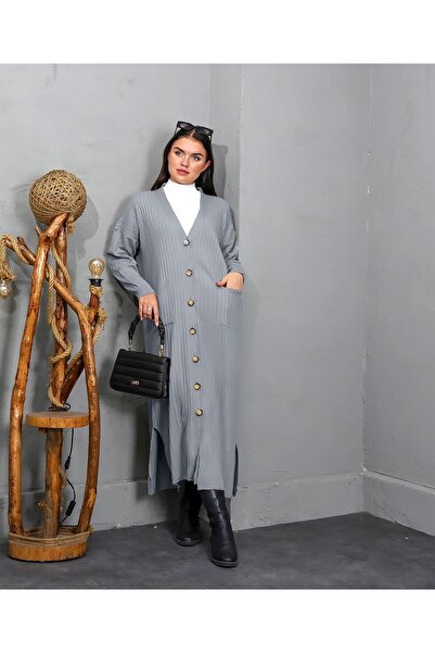 Bracha Corded Pattern V-Neck Comfortable Fit Pocket Model Long Knitwear Cardigan