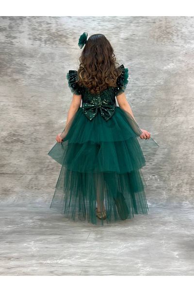 defada Green Girl's Tailed Long Back Sequin Sequin Evening Dress Birthday Dress