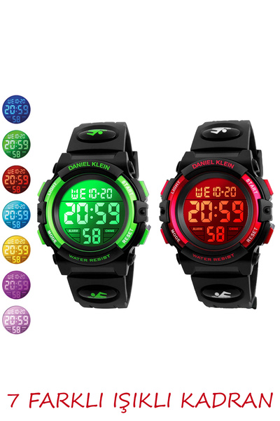 Daniel Klein ساعة يد للأطفال باللونين الأخضر والأحمر مكونة من قطعتين مع منبه وساعة توقيت و7 أضواء مختلفة للأطفال من سن 8 إلى 12 عامًا