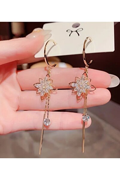 ER TAKI Taşlı Gold Renkli Uzun Sallantılı Şık Düğün Abiye Küpe