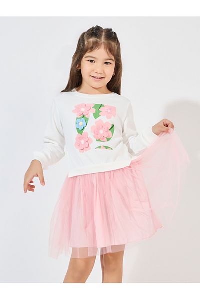 Styli Crochet Applique Flower Sweatshirt With Mesh Hem Dress