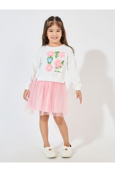 Styli Crochet Applique Flower Sweatshirt With Mesh Hem Dress