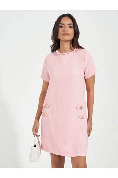 Styli Tweed Braid Detail Short Sleeves Sweater Mini Dress