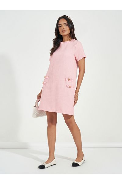 Styli Tweed Braid Detail Short Sleeves Sweater Mini Dress