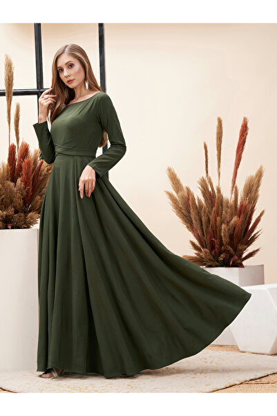 Mish By Styli Solid Criss Cross Detail Maxi Dress with Full Sleeves