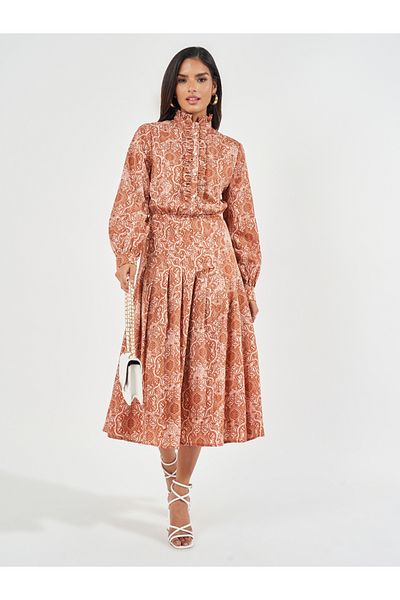 Styli All Over Print Ruffled A-Line Midi Dress