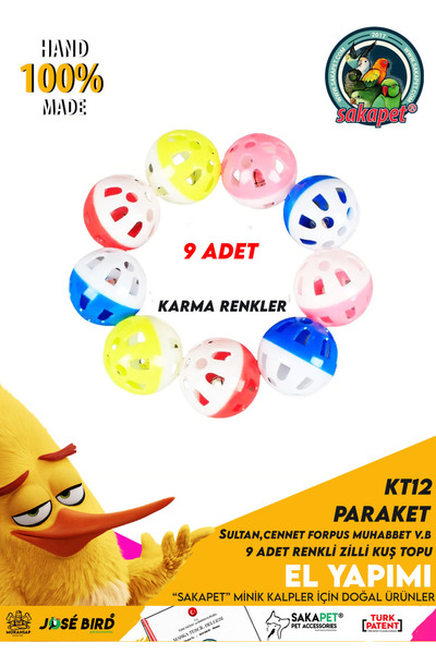 SAKAPET Sultan Muhabbet Papağan Kedi Topu 4 Cm 9 Adet Renkli Kuş Topu