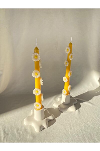 Loş Dükkan 2li Papatya Konsept Şamdan Mum Kabartmalı Konsept Tasarım Şamdan M...