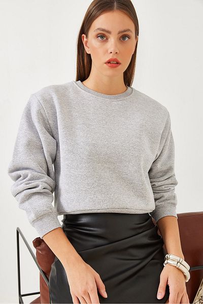 Bianco Lucci Damen-Basic-Crop-Sweatshirt mit Rundhalsausschnitt 60251797