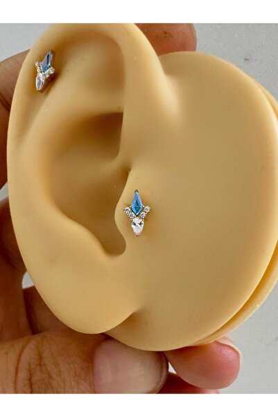 Arescollection 1 ADET G23 TİTANİUM ( TİTANYUM )MAVİ ZİRKON TAŞLI TRAGUS HELİX CONCH LOBE UYUMLU PİERCİNG
