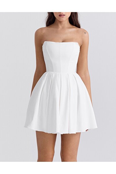 bontesel Beyaz Mini Straplez Abiye Elbise Nişan Elbisesi Nikah Elbisesi Söz E...