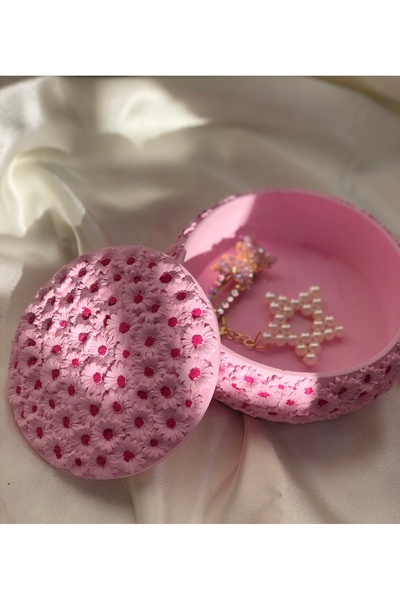 Hommark Pembe çiçekli Papatyalı takı toka kutusu,mum kutusu 15.5X5.5, dekorat...