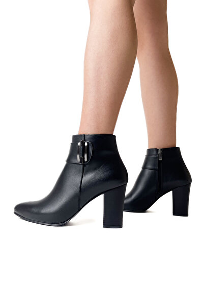 RABU حذاء نسائي أسود من الجلد الطبيعي بإبزيم معدني وكعب سميك مريح للكاحل يوميًا