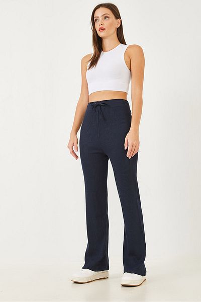 Bianco Lucci Gerippte Damenhose mit weitem Bein und Bindegürtel 60251888