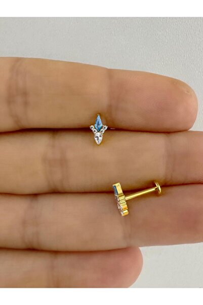 Arescollection 1 ADET G23 TİTANİUM ( TİTANYUM )MAVİ ZİRKON TAŞLI TRAGUS HELİX CONCH LOBE UYUMLU PİERCİNG