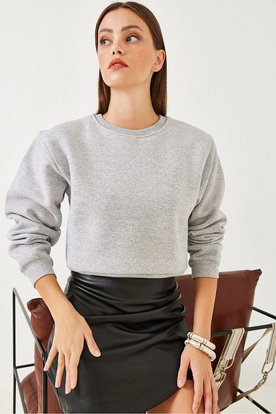 Bianco Lucci Damen-Basic-Crop-Sweatshirt mit Rundhalsausschnitt 60251797