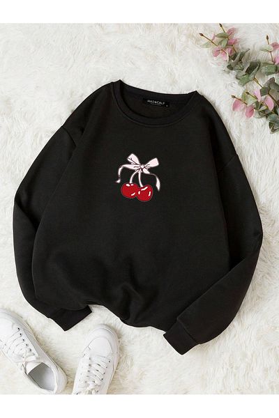 Mad&Calf Дамски суитшърт с полар с щампа с червена череша