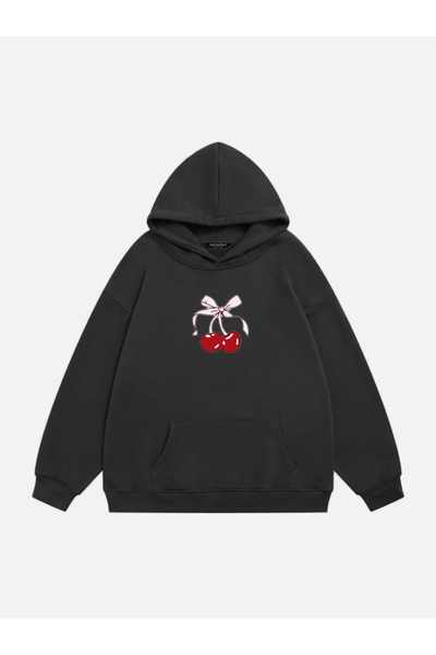 Mad&Calf Жіночий оверсайз-светр з капюшоном, принтом Cherry та флісовою підкл...