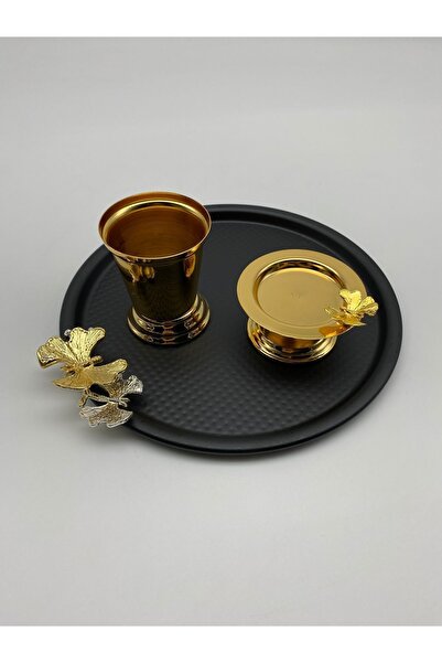 Fiyakalı Ürünler Atölyesi 6-Piece Butterfly Round Black Presentation Groom Coffee Tray, Gold Rose Bucket, Gold Butterfly Turkish Delight Bowl