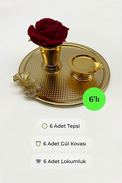 Fiyakalı Ürünler Atölyesi 6-Piece Butterfly Round Gold Presentation - Groom Coffee Tray, Rose Bucket, Butterfly Turkish Delight Bowl Set