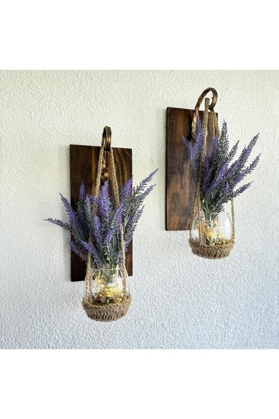 STDEKOR Wall Decoration, Led Light, Purple Lavender Flower, Walnut Sconce Set of Two