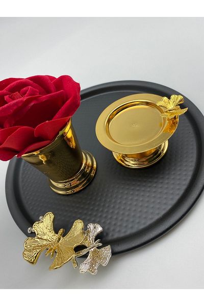 Fiyakalı Ürünler Atölyesi 6-Piece Butterfly Round Black Presentation Groom Coffee Tray, Gold Rose Bucket, Gold Butterfly Turkish Delight Bowl