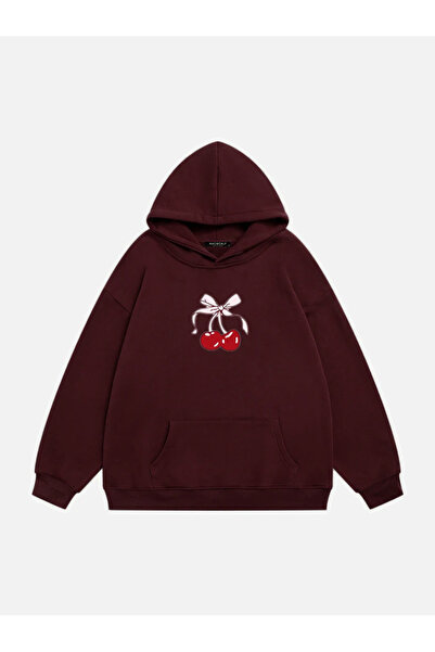Mad&Calf Women's Cherry Printed Oversize Sweatshirt with Hood and Fleece Inside