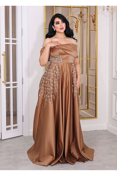 Gold Dresses Beaded Embroidered Flared Quality Satin Evening Dress - Taba Aby24610