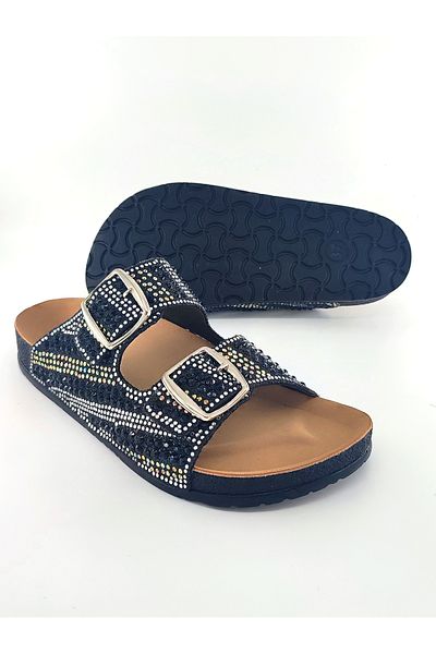 Esem Black Color Stone Double Buckle Anatomic Trend Model Home, Street and Misfir Slippers