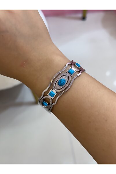 Hicrans Takı KALIN DALGALI MAVİ BONCUK MODEL SİLVER ÇELİK KELEPÇE BİLEKLİK