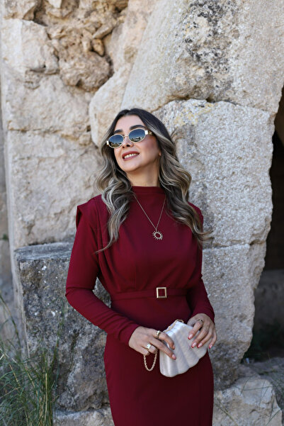 bytugcekaya Bordo Gold Tokalı Yırtmaçlı Elbise
