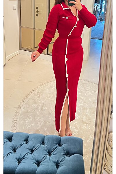 ABBA Rochie tricotată la modă cu gât polo cu nervuri, roșie