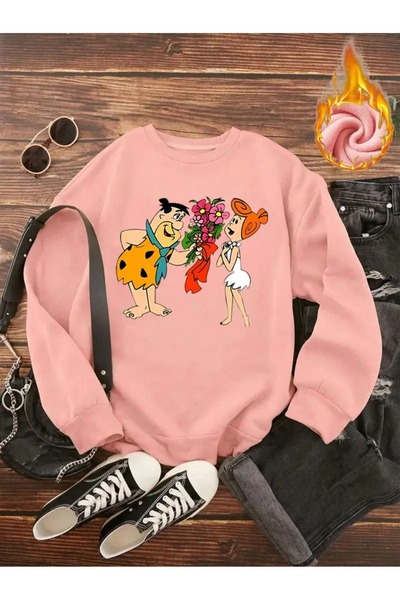 OVER HEAD سويت شيرت نسائي برقبة دائرية مطبوع عليه أحجار ولاعة وردية