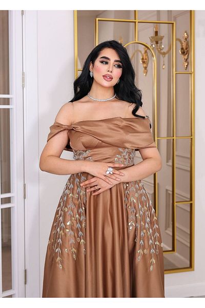 Gold Dresses Beaded Embroidered Flared Quality Satin Evening Dress - Taba Aby24610