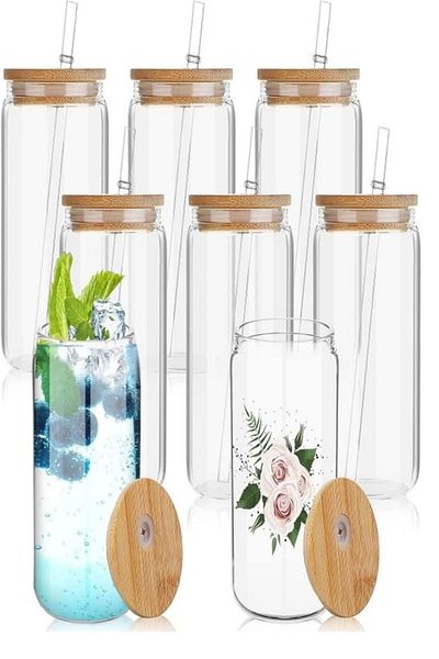 Rosemor 8-Piece Bamboo Lid Glass Cup with Straw Heat Resistant Borosilicate Coke Shaped Coffee Presentation Cup