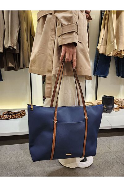 Mercan Stores Women's Navy Blue Wide Zippered Hand and Shoulder Bag, Laptop Bag