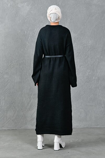 bayansepeti Modest Crew Neck Off Shoulder Long Sleeve with Belt Oversize Fit Black Knitwear Hijab Dress 4097