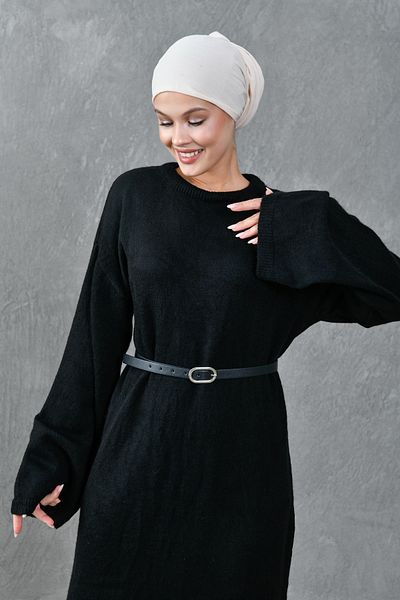 bayansepeti Modest Crew Neck Off Shoulder Long Sleeve with Belt Oversize Fit Black Knitwear Hijab Dress 4097