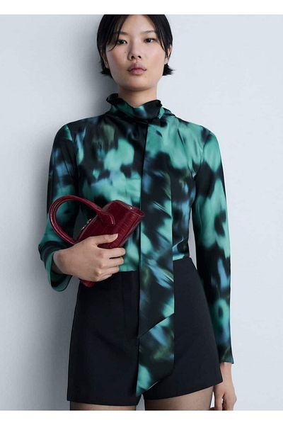 MANGO Woman Patterned Tie Detailed Blouse
