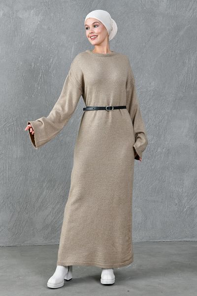 bayansepeti Modest Crew Neck Off Shoulder Long Sleeve Oversize Fit Mink Knitwear Hijab Dress with Belt 4097